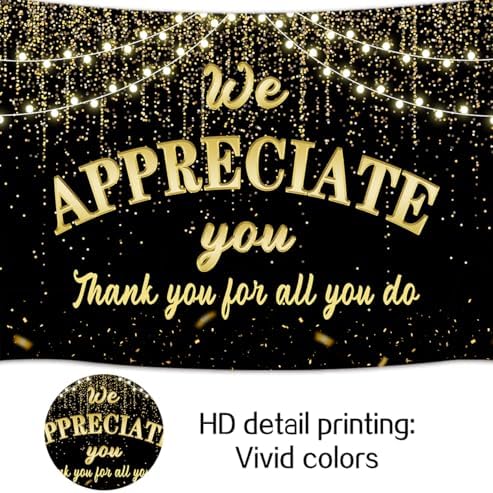 We Appreciate You Backdrop 10x8ft Black Golden Glitter Banner
