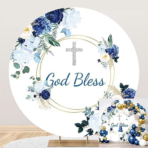 7x7ft God Bless Round Backdrop Cover for Baby Shower and Holy Communion