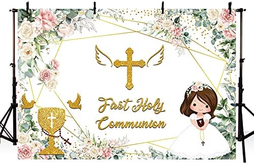 MEHOFOND Pink Floral First Holy Communion Backdrop 7x5ft