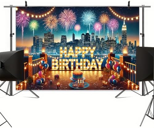 Happy Birthday City Skyline Fireworks Banner 71x43 Inch