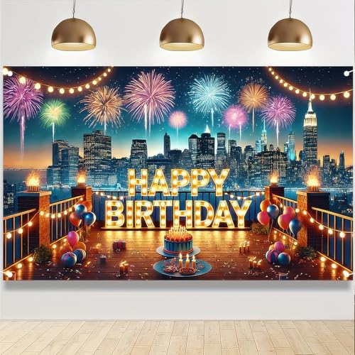 Happy Birthday City Skyline Fireworks Banner 71x43 Inch