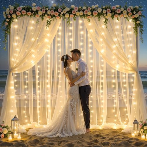 Ivory Tulle Backdrop Curtains with String Lights for Parties