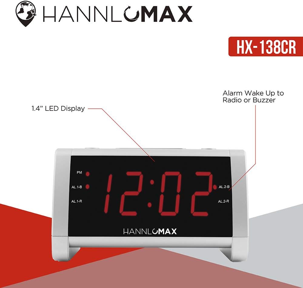 HX-138CR Alarm Clock Radio with Dual Alarms and Red LED Display