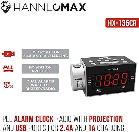 HX-135CR Alarm Clock Radio with Projection and Dual USB Ports