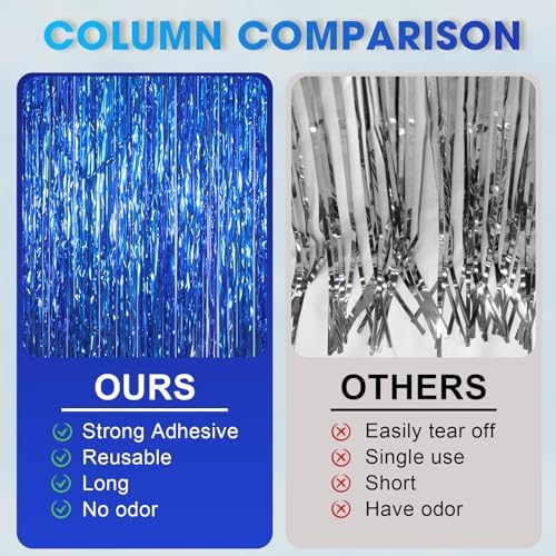 3 Pack Blue Foil Fringe Backdrop Curtains for Parties