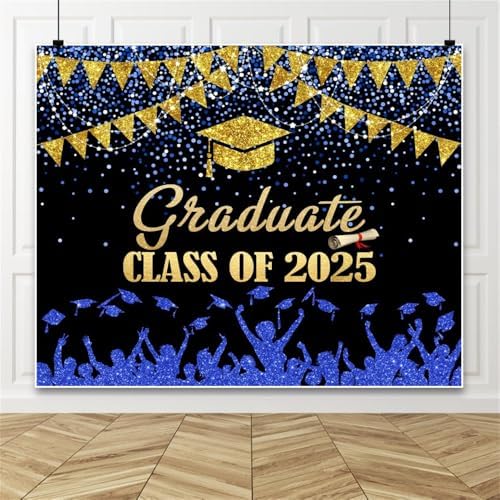 2025 Graduation Backdrop 10x8ft Blue Gold Glitter