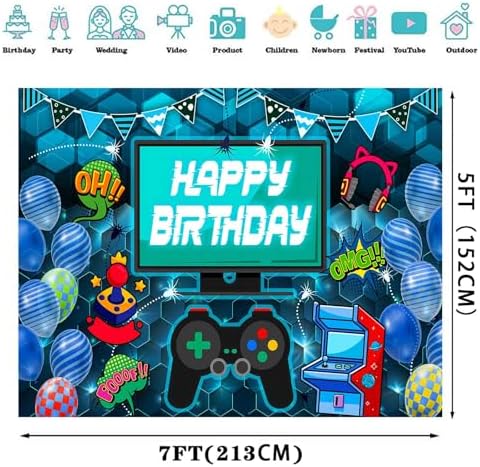 Video Game Birthday Backdrop 7x5ft Blue