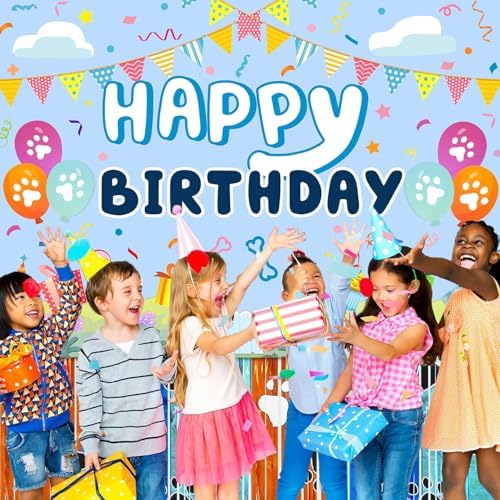 Blue Dog Cartoon Birthday Backdrop for Boys and Girls