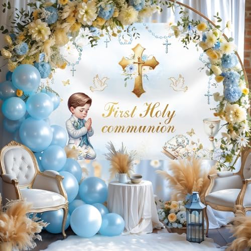 MEHOFOND 7x5ft First Holy Communion Backdrop with Blue Boy Design