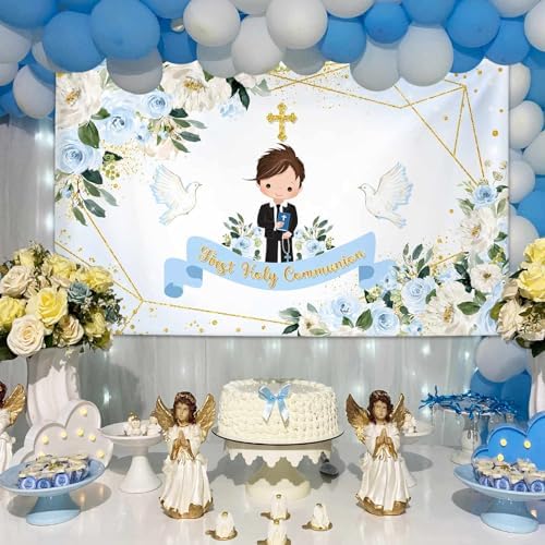 MEHOFOND First Holy Communion Photo Backdrop 7x5ft Blue Floral