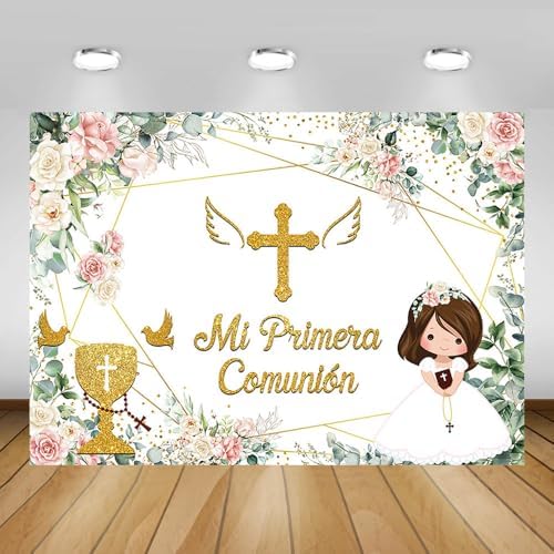 MEHOFOND 7x5ft Pink White Floral Backdrop for Girls Baptism Party