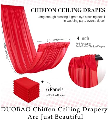 DUOBAO 6 Panel Red Chiffon Ceiling Drapes Wedding Backdrop