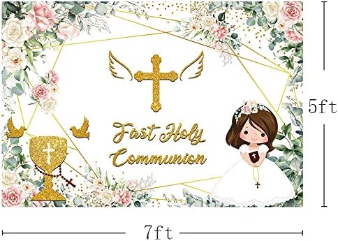 MEHOFOND Pink Floral First Holy Communion Backdrop 7x5ft