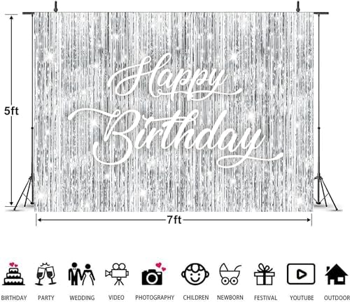 Silver Flash Happy Birthday Backdrop 7x5FT