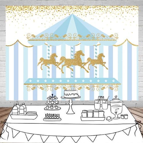 7x5ft Blue Gold Stripe Carousel Birthday Party Backdrop