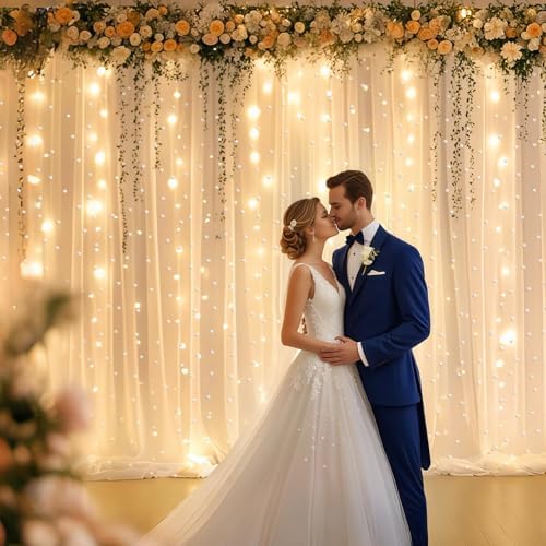 10x8ft Pearl Tulle Double Layered Backdrop with Lights and Clips