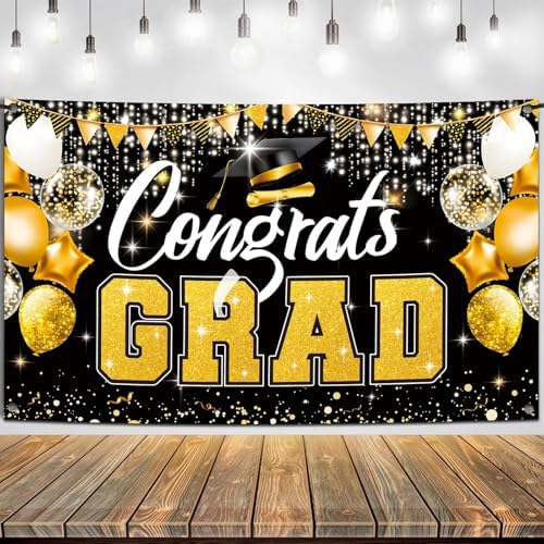 Premium Graduation Backdrop Banner 72x44in Black Gold
