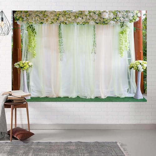 10x8ft White Flowers Green Leaves Wedding Backdrop