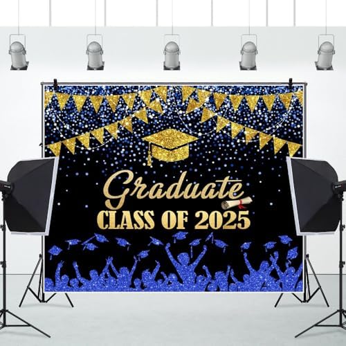 2025 Graduation Backdrop 10x8ft Blue Gold Glitter