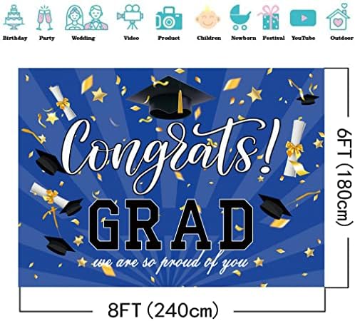 8x6 Ft Blue Graduation Photography Backdrop for Parties and Events