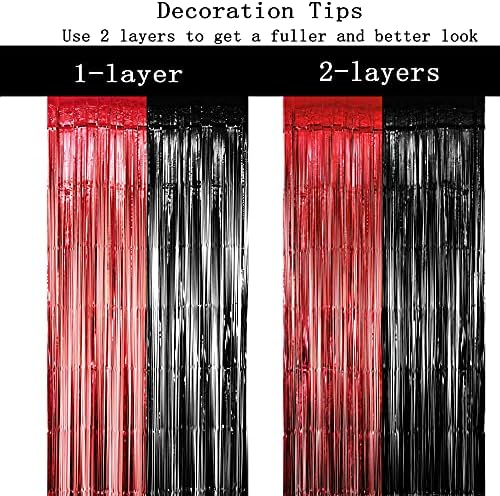 Casino Party Tinsel Foil Fringe Curtains - Red Black 32ft x 65ft 2pc