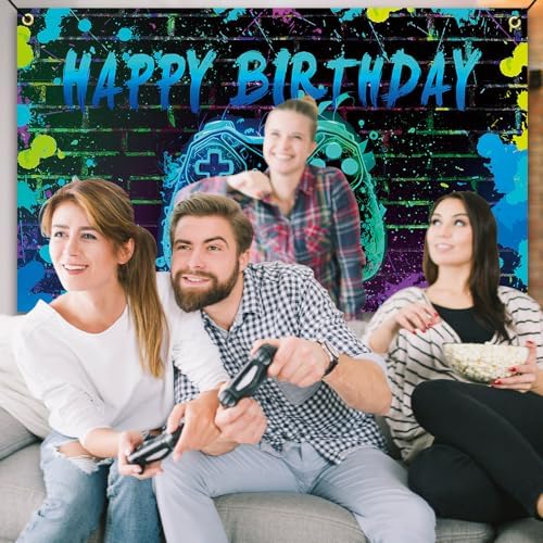 Video Game Birthday Backdrop with Ropes 72x44 Inch