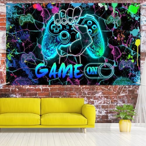 Game On Backdrop 59x36ft Neon Blue Birthday Decor