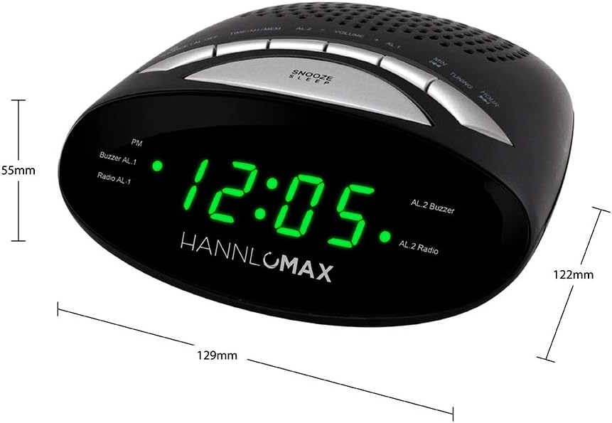 Hannlomax HX-116CR Alarm Clock Radio with Green LED Display and Dual Alarm