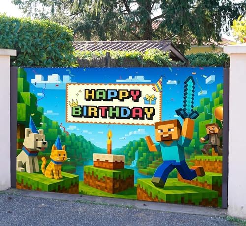 Pixel Gaming Birthday Banner for Boys 6x4ft Backdrop Decor