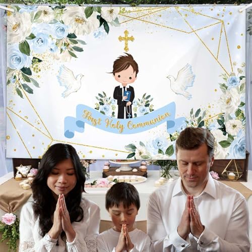 MEHOFOND First Holy Communion Photo Backdrop 7x5ft Blue Floral