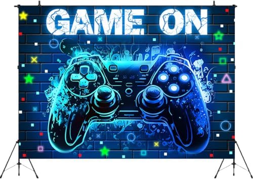 Video Game Party Backdrop with Blue Neon Glow