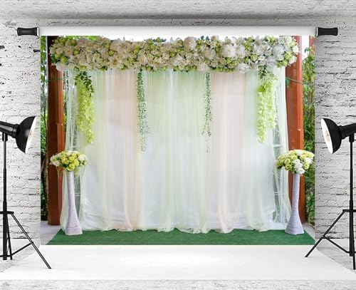 10x8ft White Flowers Green Leaves Wedding Backdrop