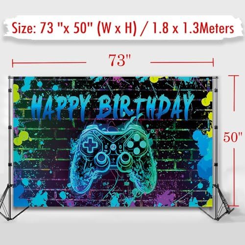 Video Game Birthday Backdrop with Ropes 72x44 Inch