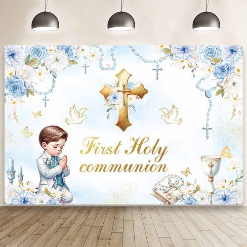 MEHOFOND 7x5ft First Holy Communion Backdrop with Blue Boy Design