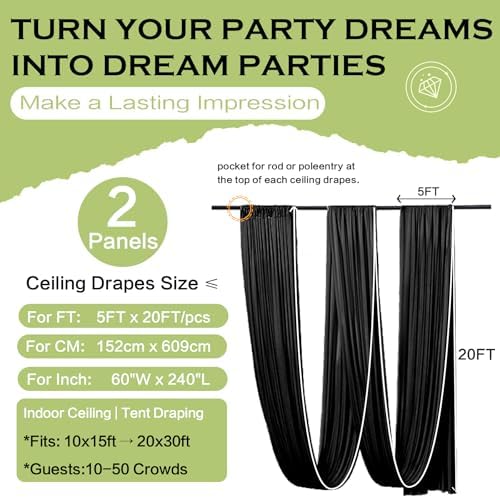 PartyVillage 10ft x 20ft Black Ceiling Curtain for Weddings