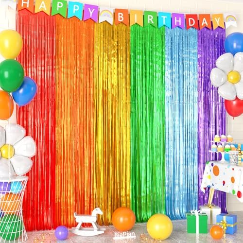 Biapian Rainbow Foil Fringe Curtains 2 Packs Party Decor