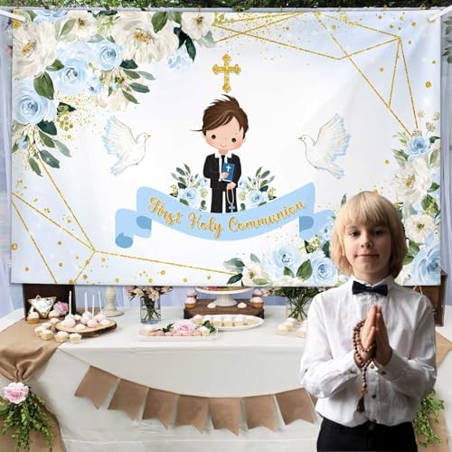 MEHOFOND First Holy Communion Photo Backdrop 7x5ft Blue Floral