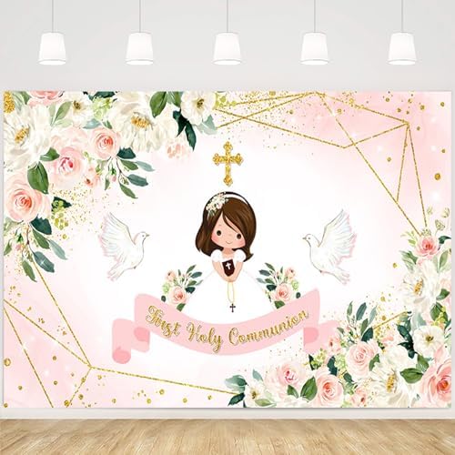 MEHOFOND Holy Communion Backdrop Pink Floral Photo Studio Background