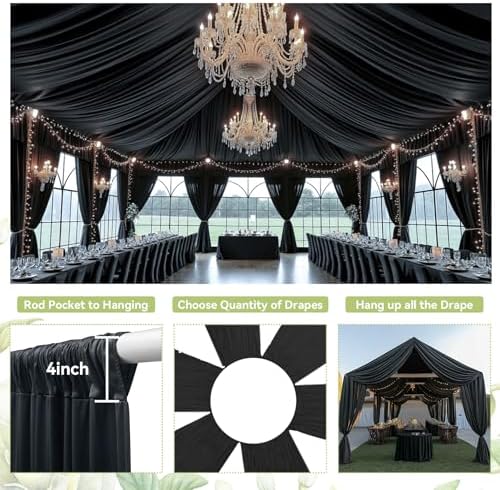 PartyVillage 10ft x 20ft Black Ceiling Curtain for Weddings