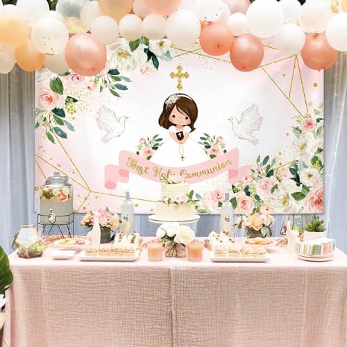 MEHOFOND Holy Communion Backdrop Pink Floral Photo Studio Background