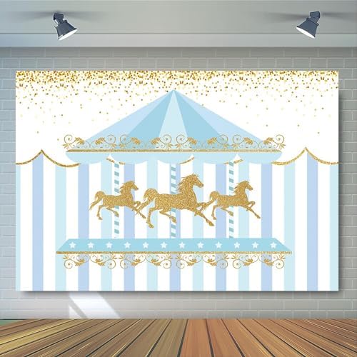 7x5ft Blue Gold Stripe Carousel Birthday Party Backdrop