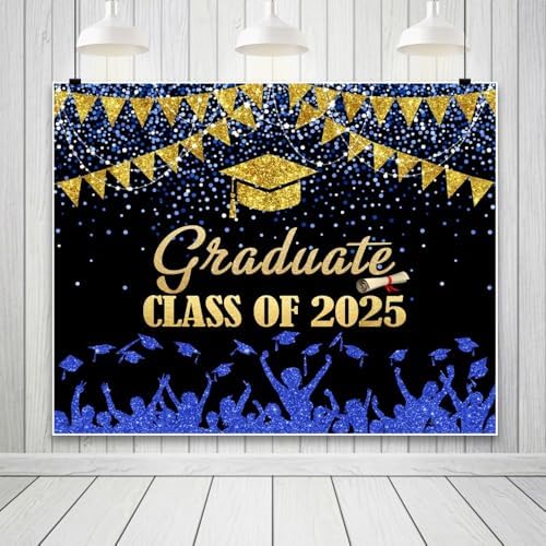 2025 Graduation Backdrop 10x8ft Blue Gold Glitter