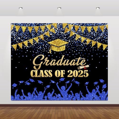 2025 Graduation Backdrop 10x8ft Blue Gold Glitter