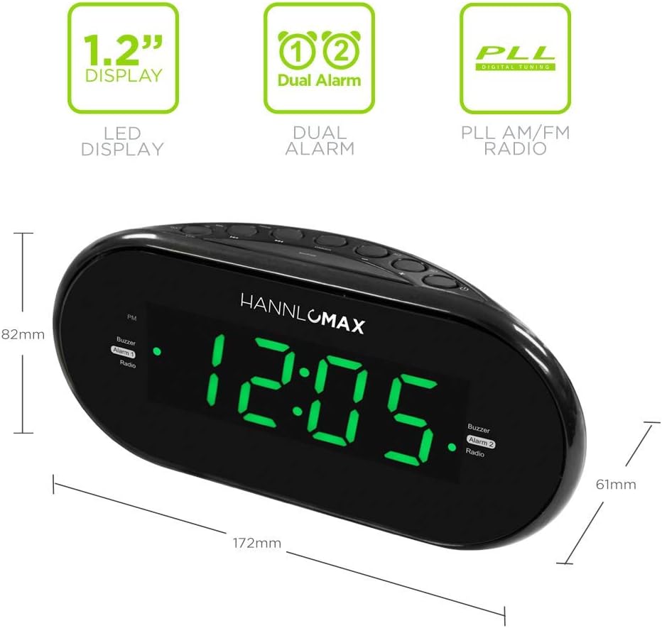 HANNLOMAX HX-123CR Alarm Clock Radio with AMFM Radio and Green LED Display