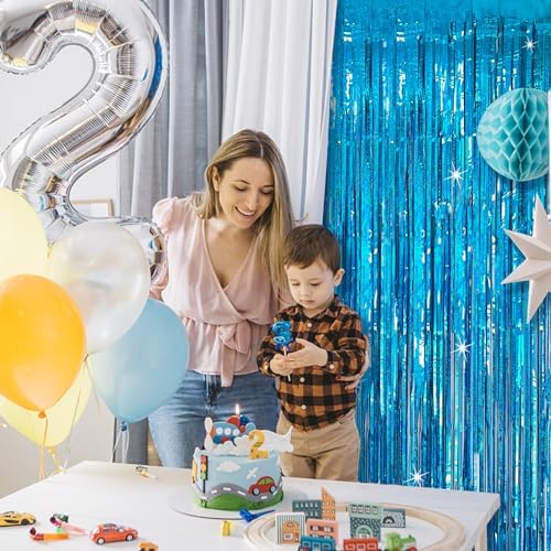 KEJ Tinsel Curtain Backdrop Blue 2 Packs Birthday Decorations