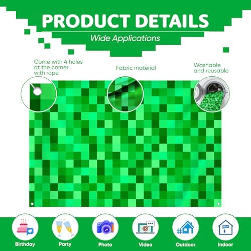 36x6ft Green Pixel Birthday Backdrop Gamer Party Decor
