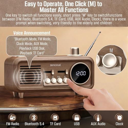 Retro Radios FM Portable Bluetooth Speaker with Night Light and Clock Display