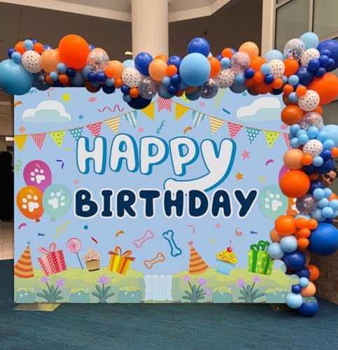 Blue Dog Cartoon Birthday Backdrop for Boys and Girls
