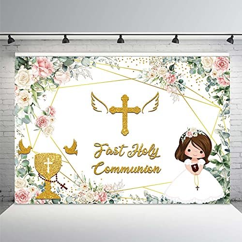 MEHOFOND Pink Floral First Holy Communion Backdrop 7x5ft
