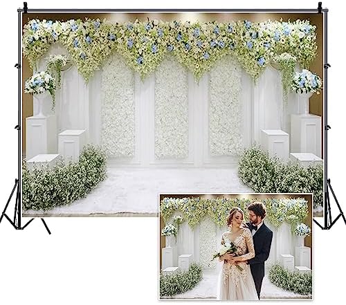8x6ft White Green Floral Wedding Backdrop for Photography